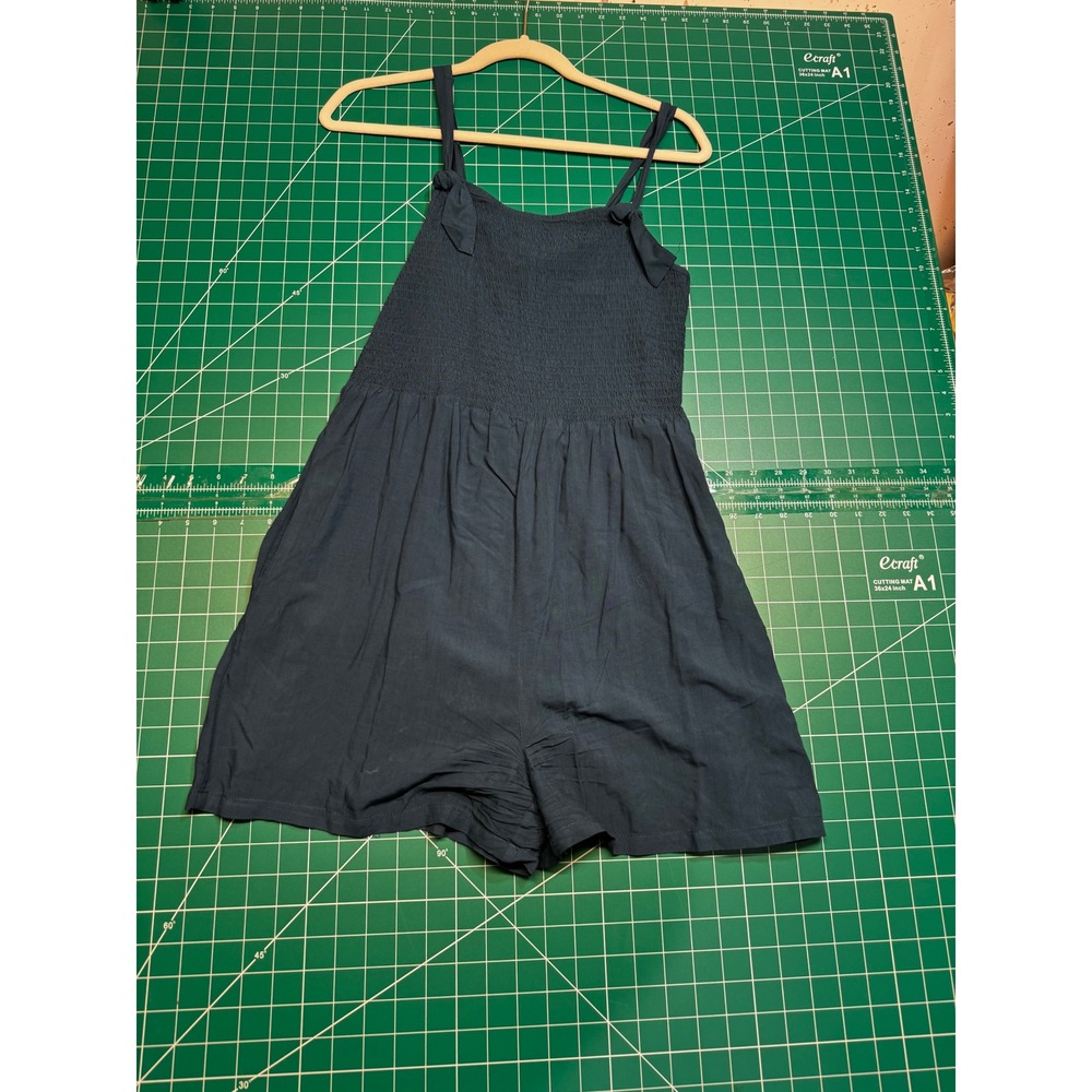 Grace & Lace Womens XS Navy Blue Smocked Tie Shoulder Romper Jumpsuit Shorts